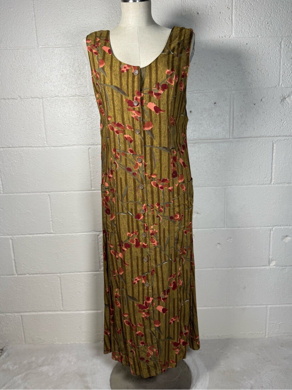 Vintage Maria Kim Olive Green Button Front Sleeveless Dress Medium